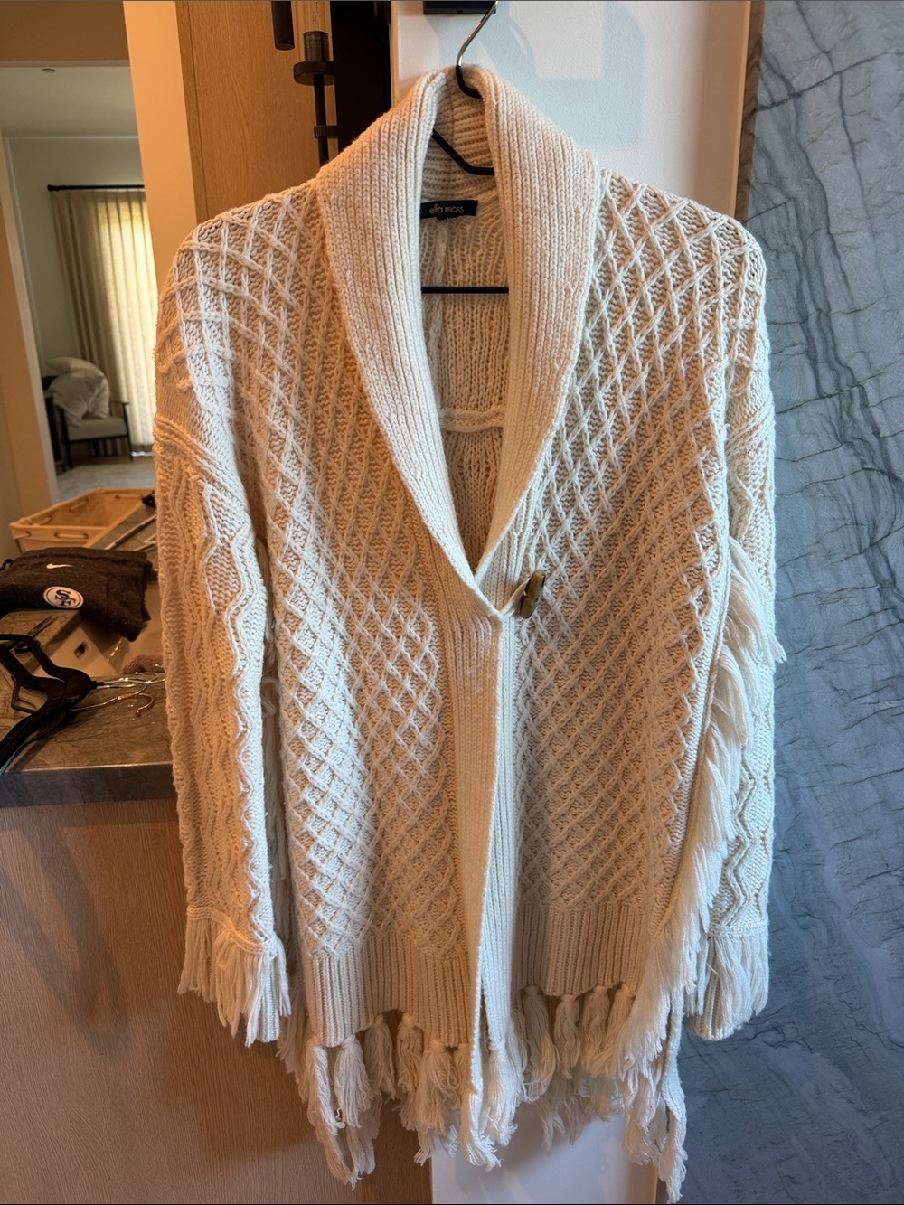 Ella Moss Cream Shawl-Collar Fringe Poncho Cardigan